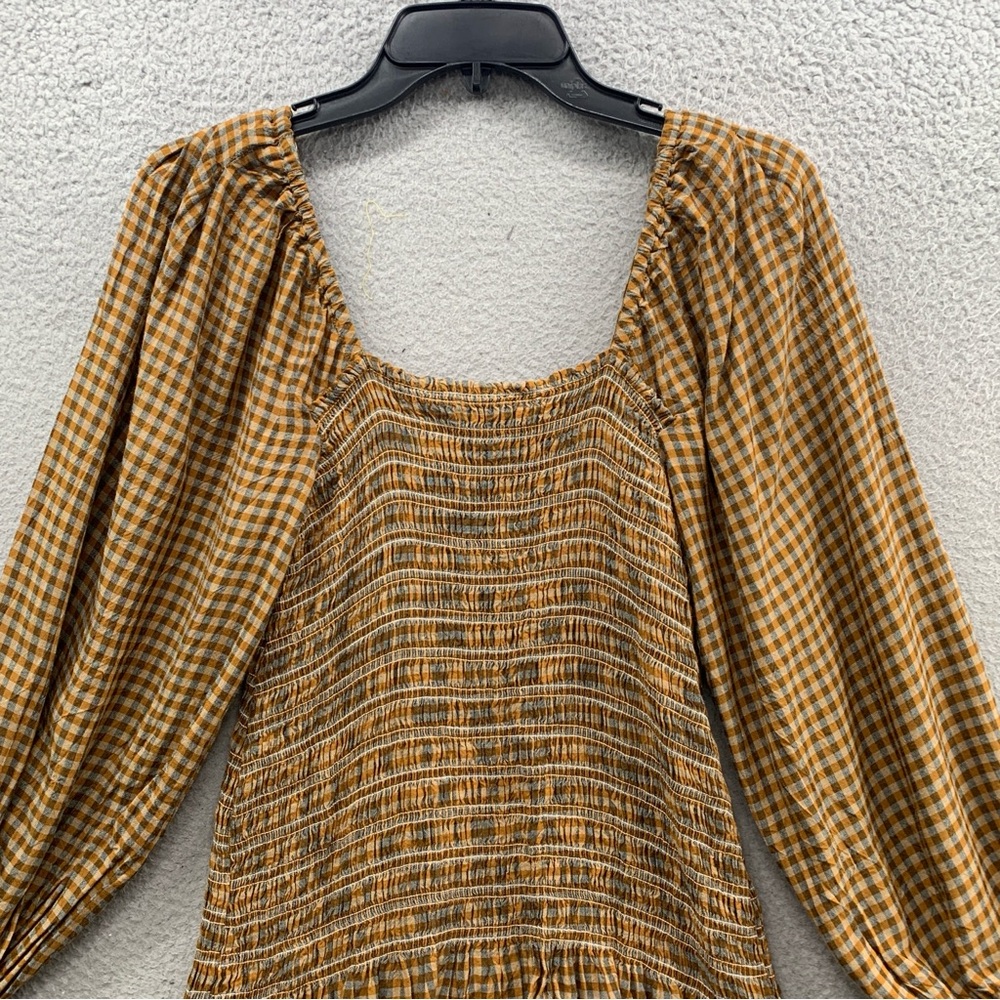 Urban Outfitters Francis Smocked Puff Sleeve Mini Dress Yellow Brown Women’s S - Picture 10 of 11